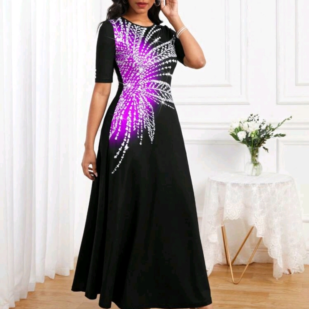 Black Sequin Printed Short Sleeve Pocket Maxi Dress - Picture 5 of 5